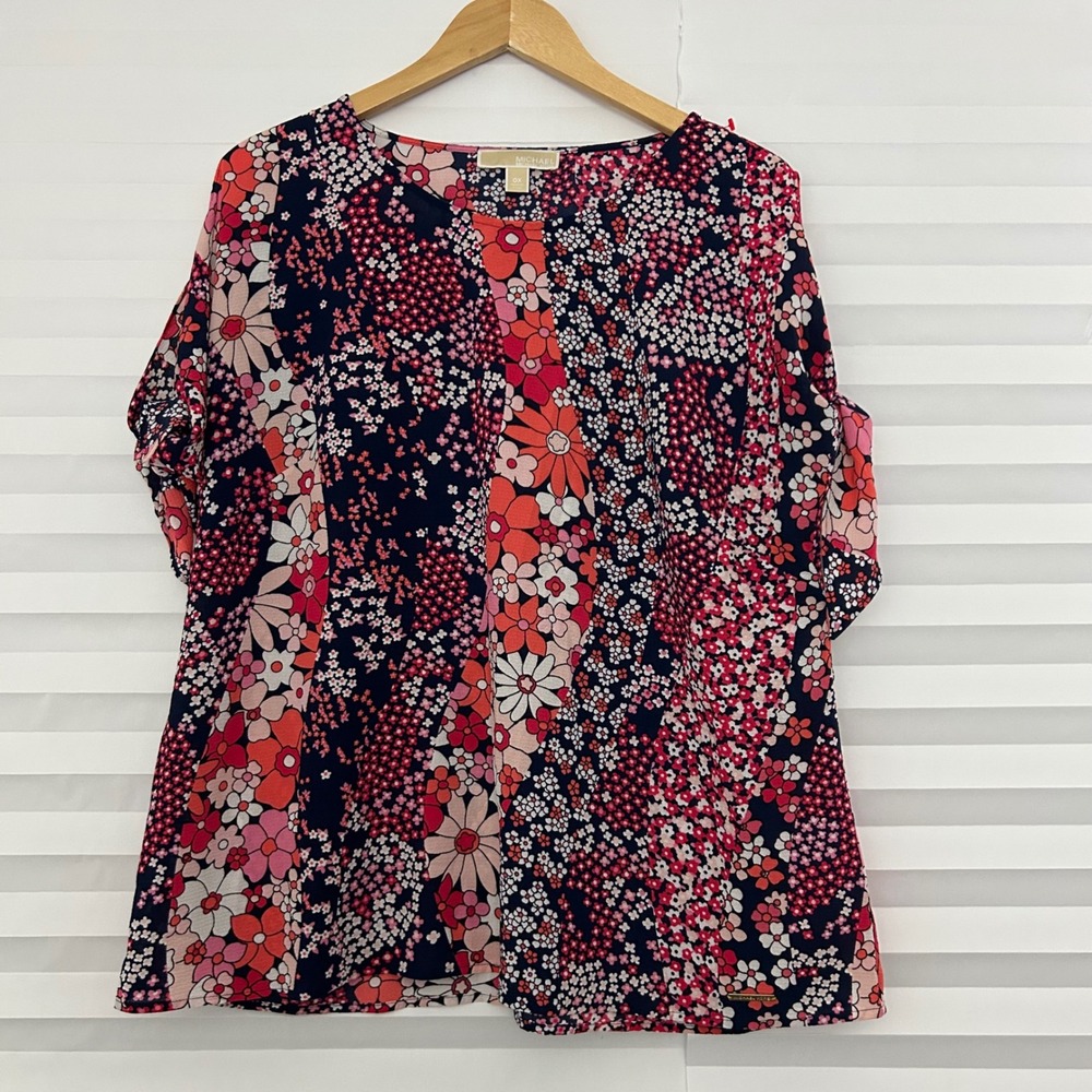 Michael Michael Kors Floral Tie Sleeve Blouse Navy Pink Orange 0X Retro‎